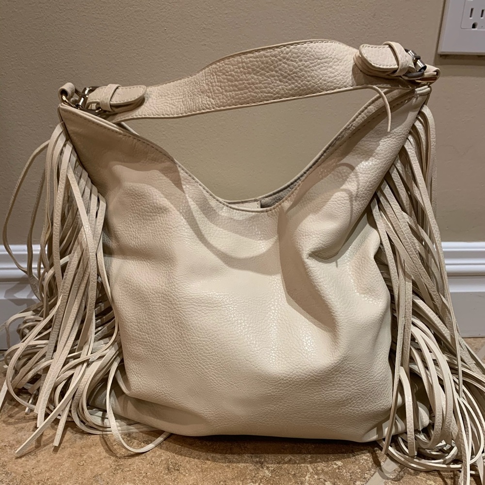 Beige leather fringe bag